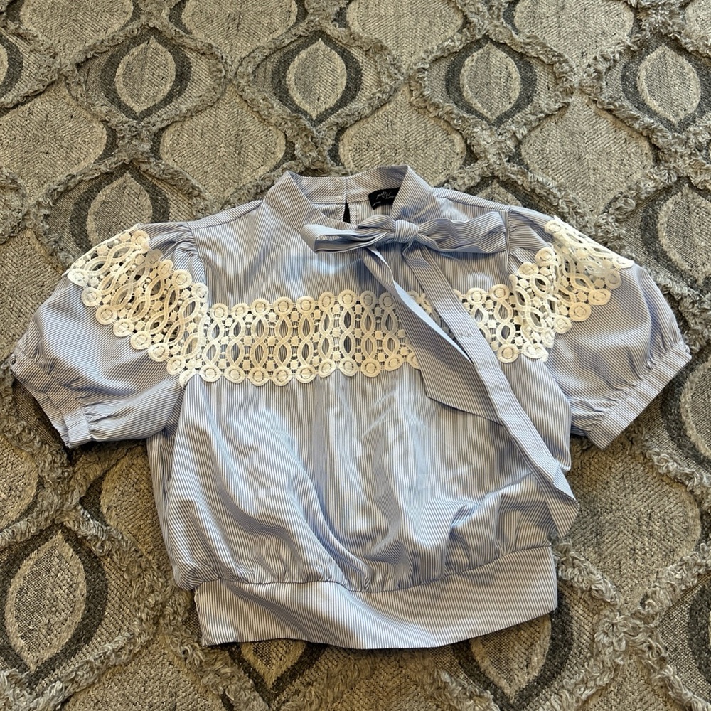 Milk & Honey Chic Striped Blouse with Lace & Bow Detail